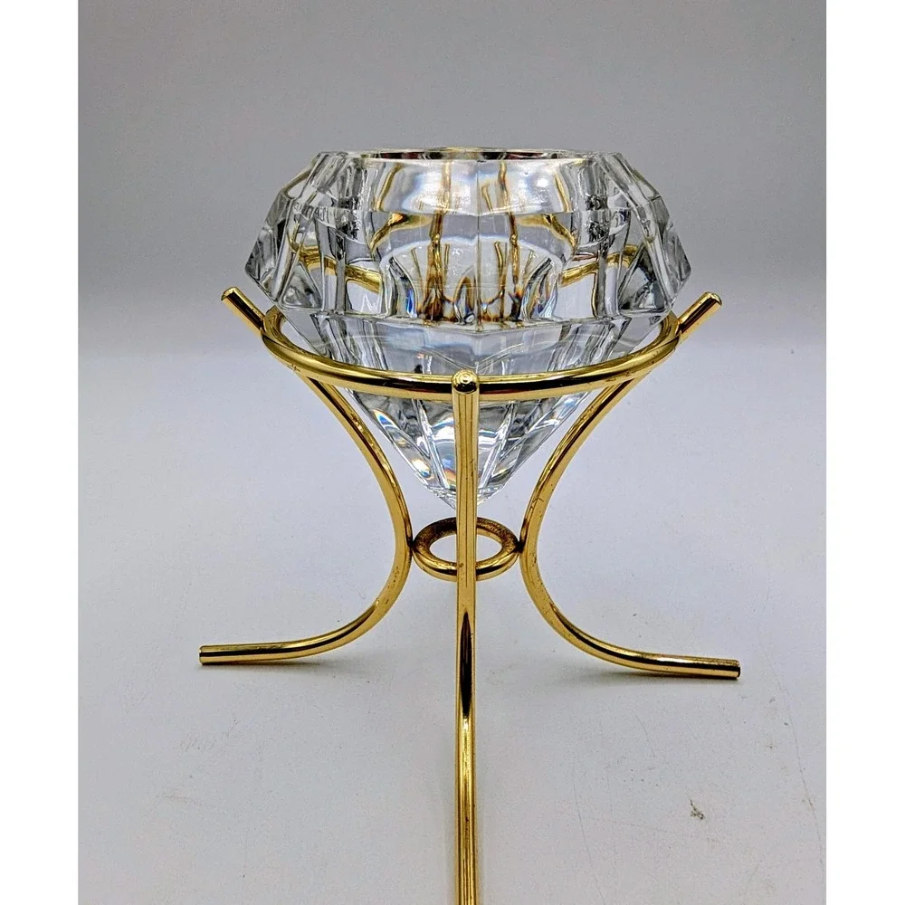 Bleikristall 24% Lead Crystal Diamond Candle Holder Germany Gold Tone Stand